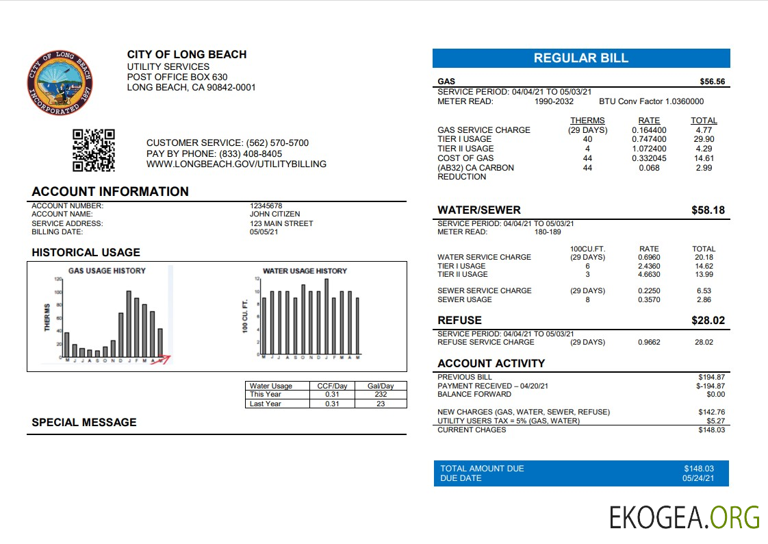 USA City of Long Beach utility bill template in Word and PDF format